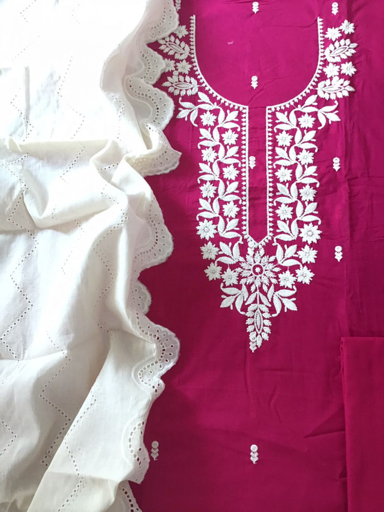 Image of Pure Cotton Embroidered Suit - Pink