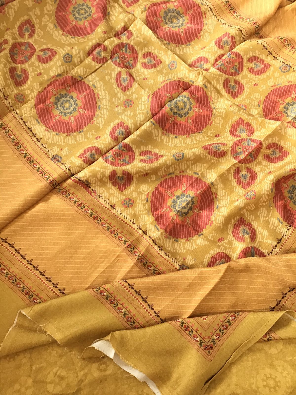 Soft Woollen Slub Silk Printed Embroidered Suit - Yellow