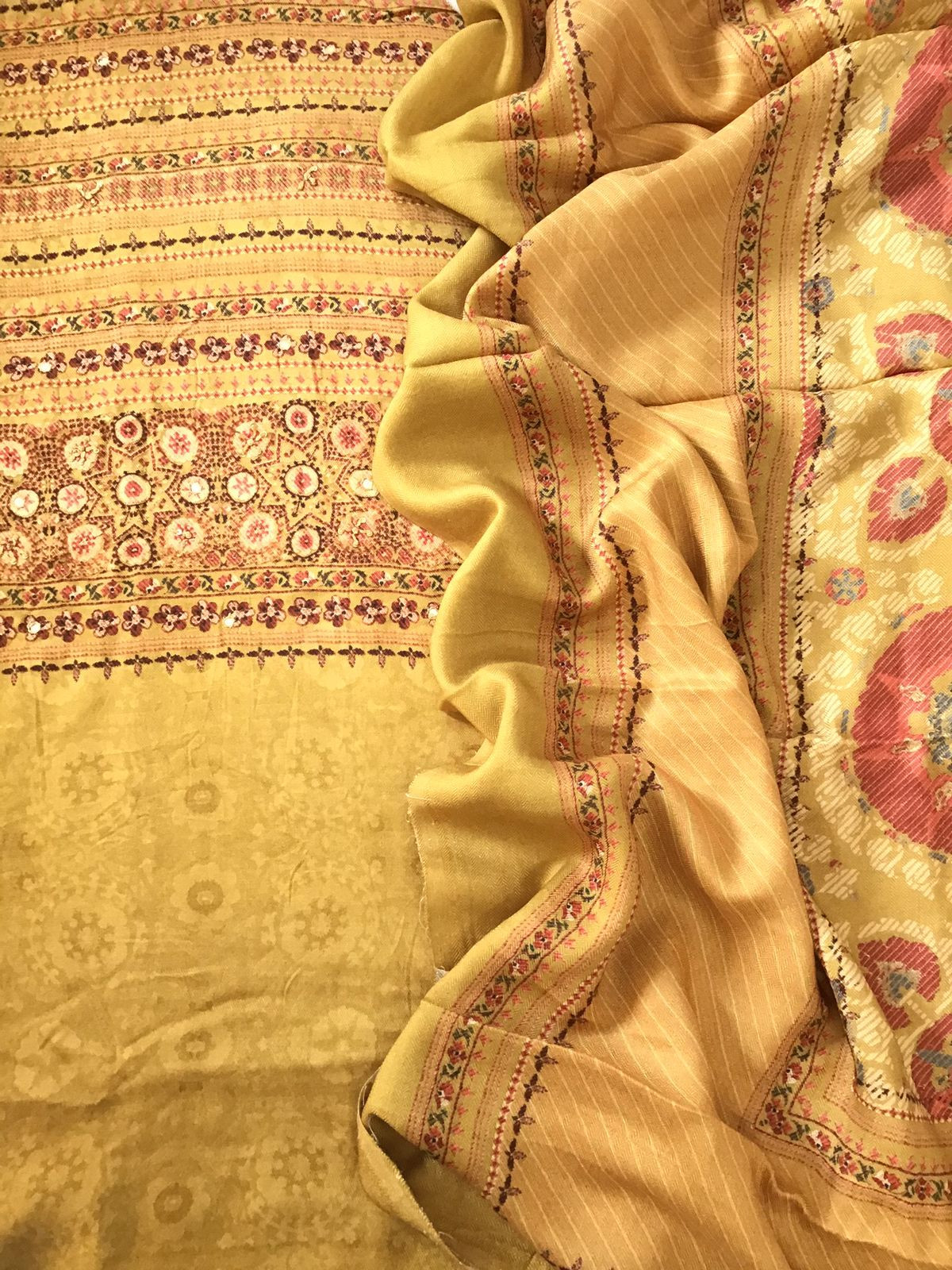 Soft Woollen Slub Silk Printed Embroidered Suit - Yellow