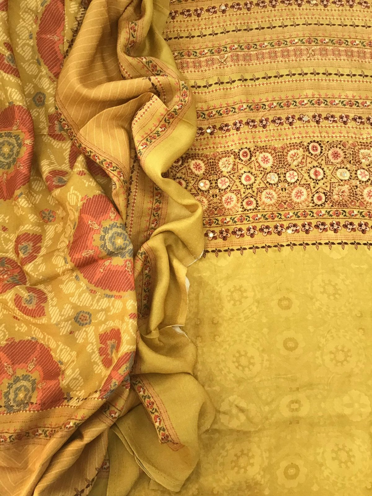 Soft Woollen Slub Silk Printed Embroidered Suit - Yellow