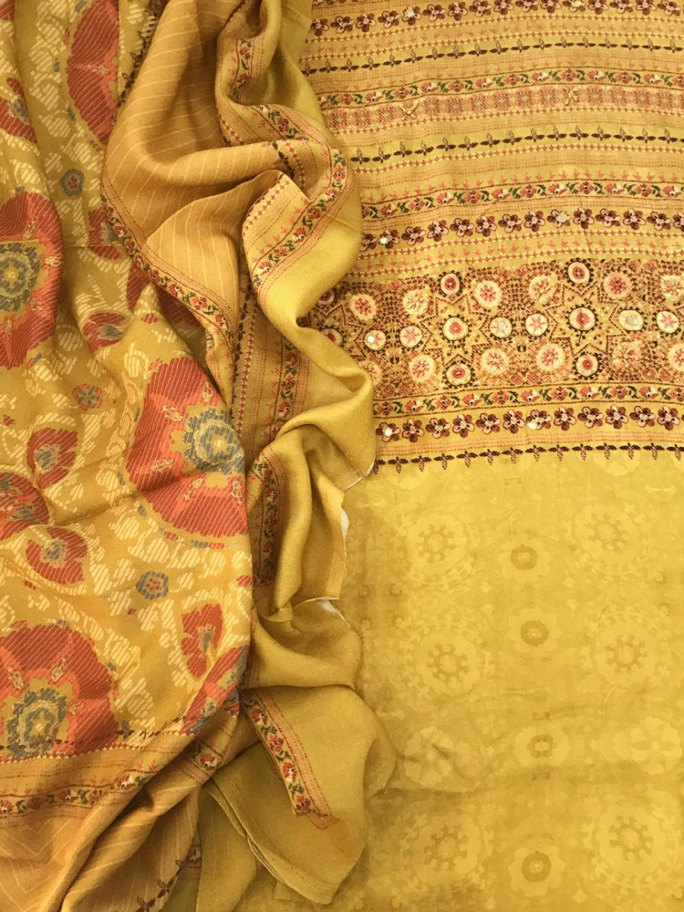 Image of Soft Woollen Slub Silk Printed Embroidered Suit - Yellow