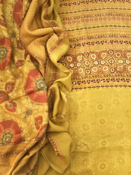 Image of Soft Woollen Slub Silk Printed Embroidered Suit - Yellow