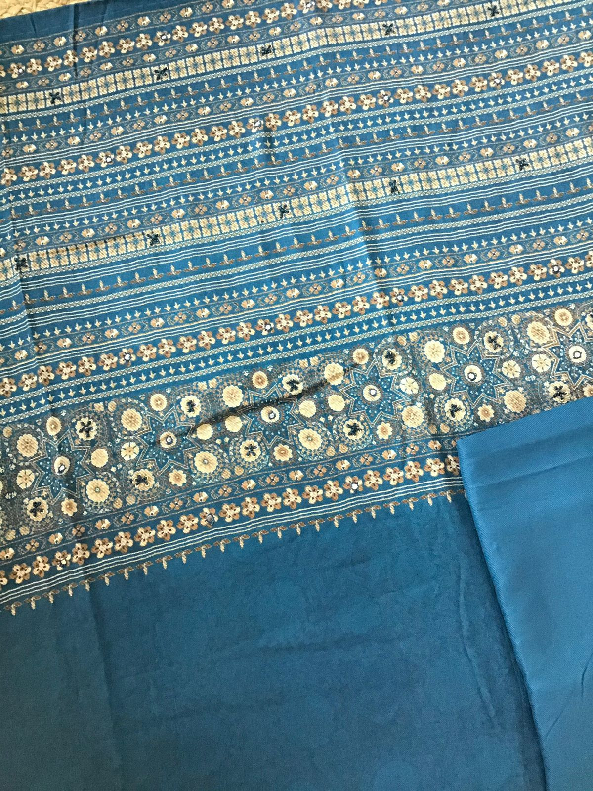 Soft Woollen Slub Silk Printed Embroidered Suit - Blue