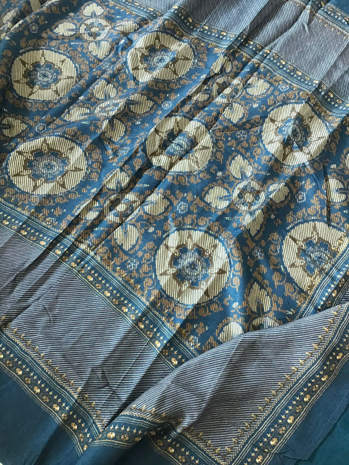 Soft Woollen Slub Silk Printed Embroidered Suit - Blue