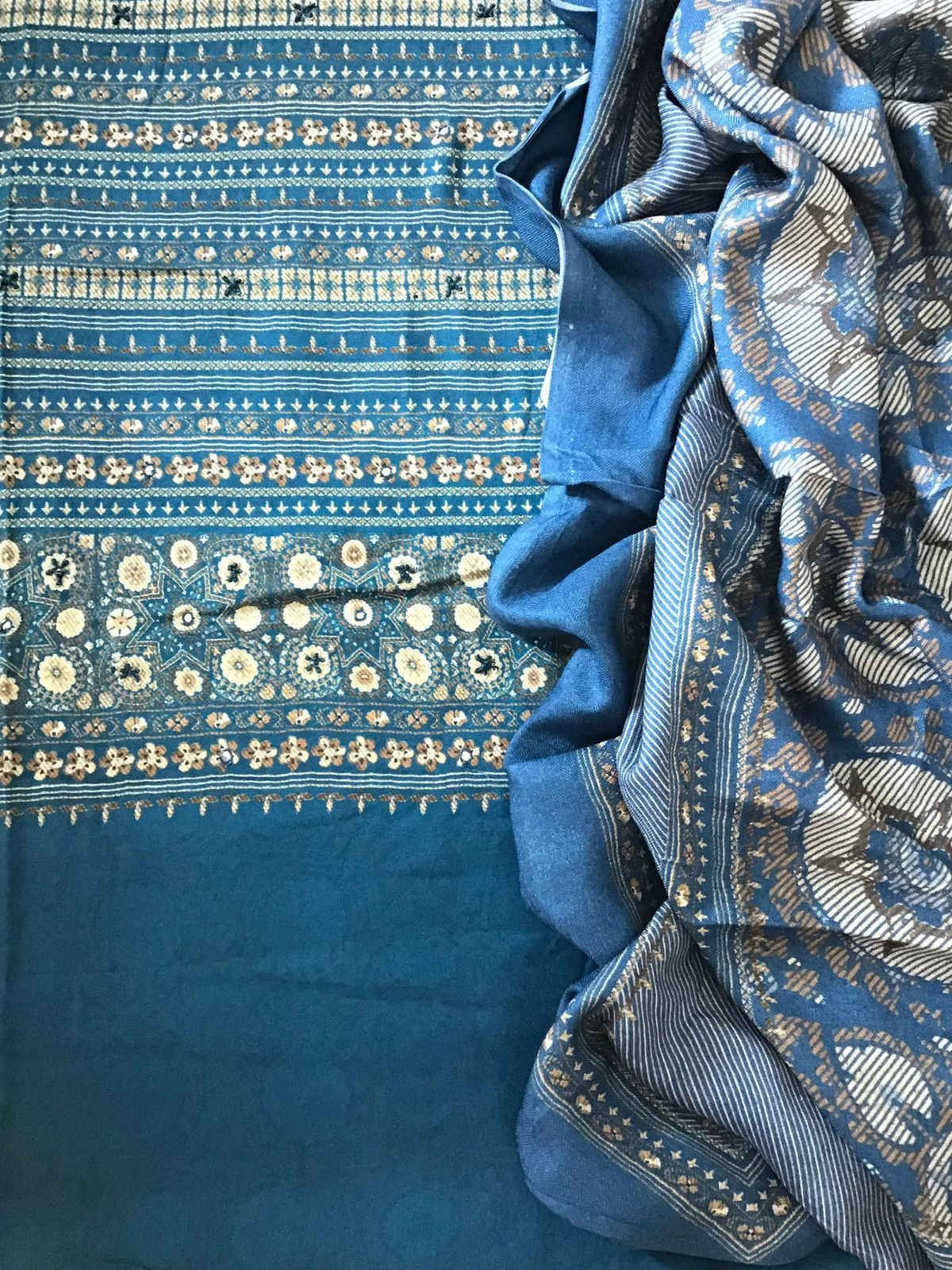 Soft Woollen Slub Silk Printed Embroidered Suit - Blue