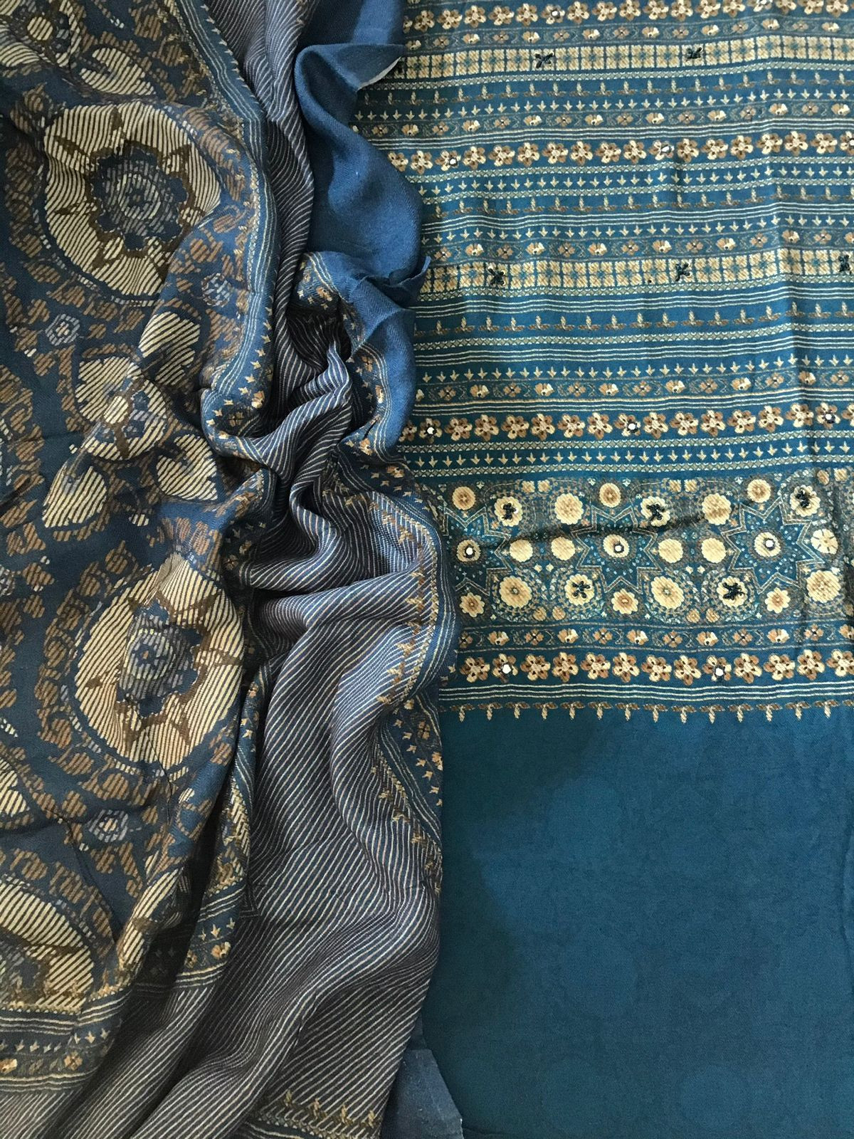 Soft Woollen Slub Silk Printed Embroidered Suit - Blue