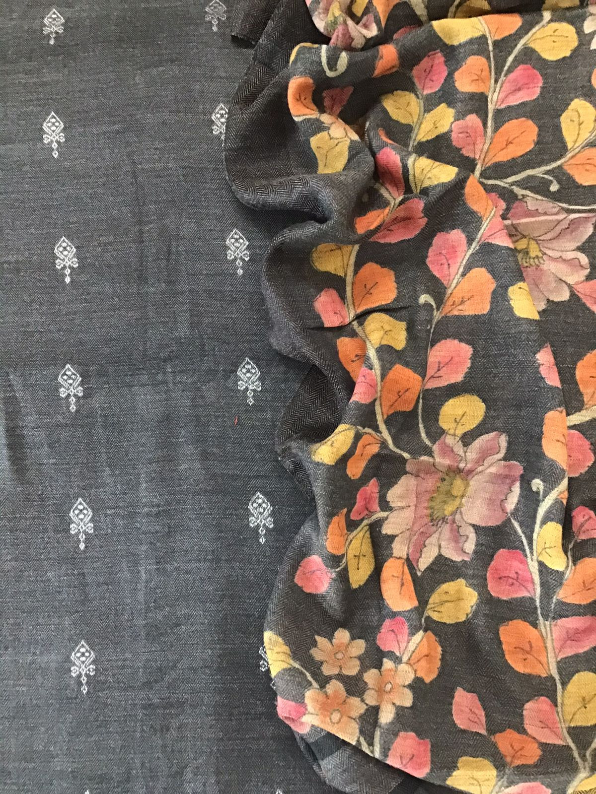 Soft Woollen Basbara Cotton Silk Self Weaved Printed Suit - Dark Grey
