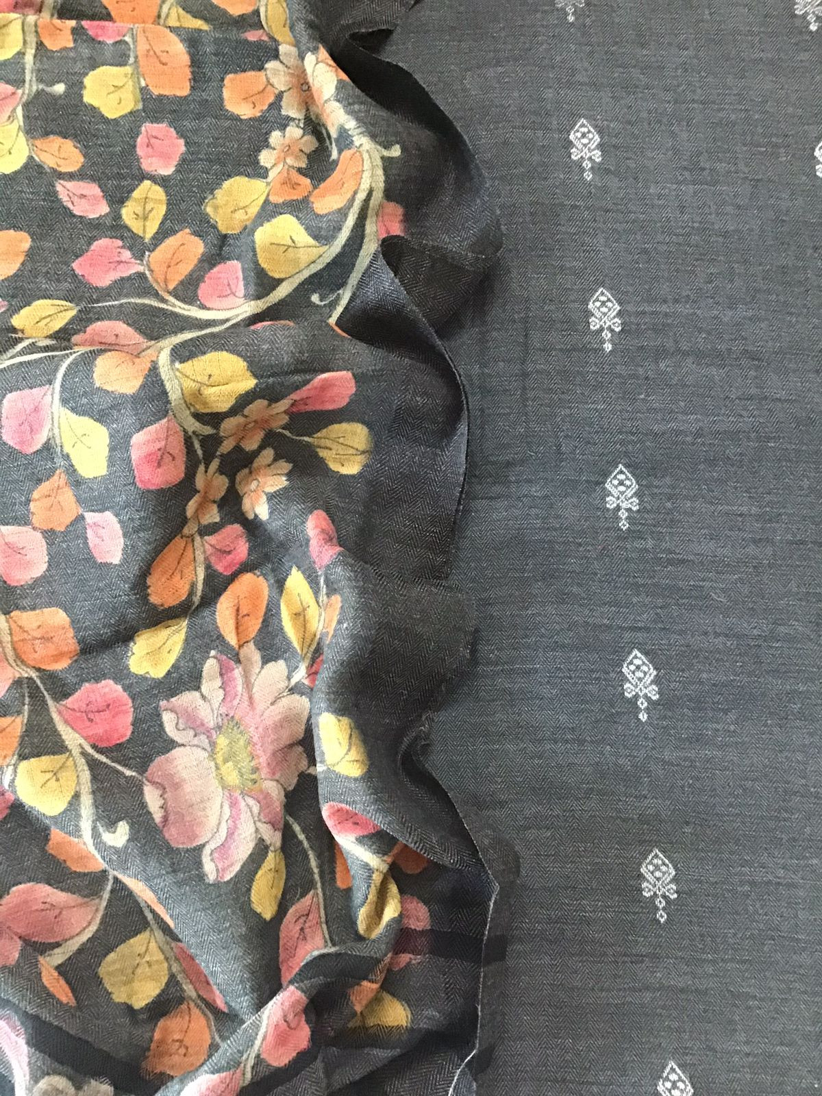 Soft Woollen Basbara Cotton Silk Self Weaved Printed Suit - Dark Grey