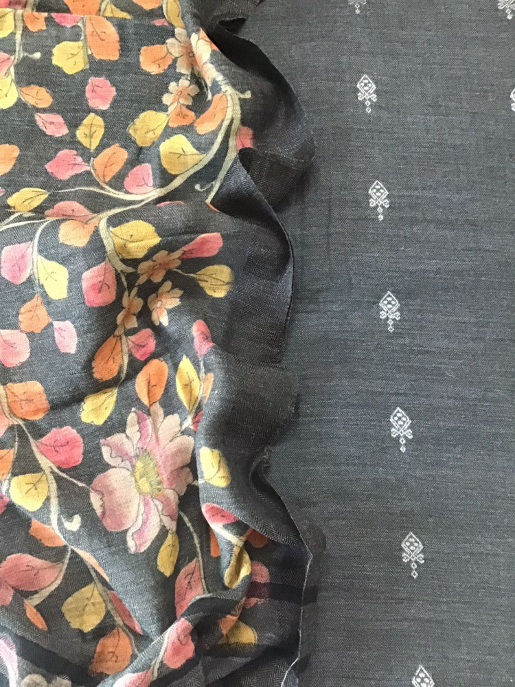 Image of Soft Woollen Basbara Cotton Silk Self Weaved Printed Suit - Dark Grey
