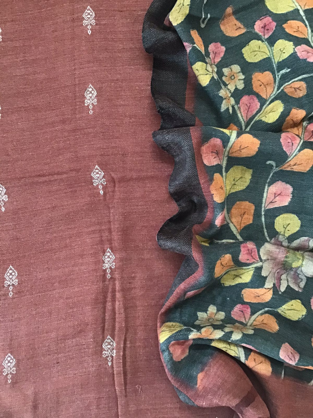 Soft Woollen Basbara Cotton Silk Self Weaved Printed Suit - Brick Red