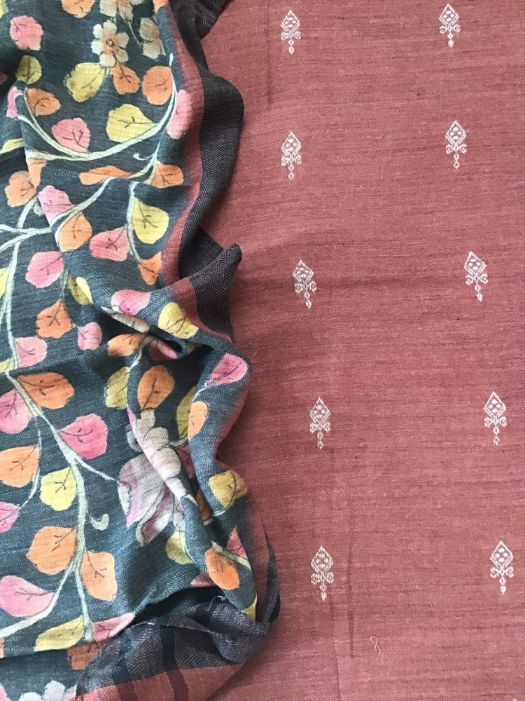 Image of Soft Woollen Basbara Cotton Silk Self Weaved Printed Suit - Brick Red