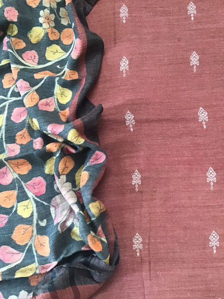 Image of Soft Woollen Basbara Cotton Silk Self Weaved Printed Suit - Brick Red