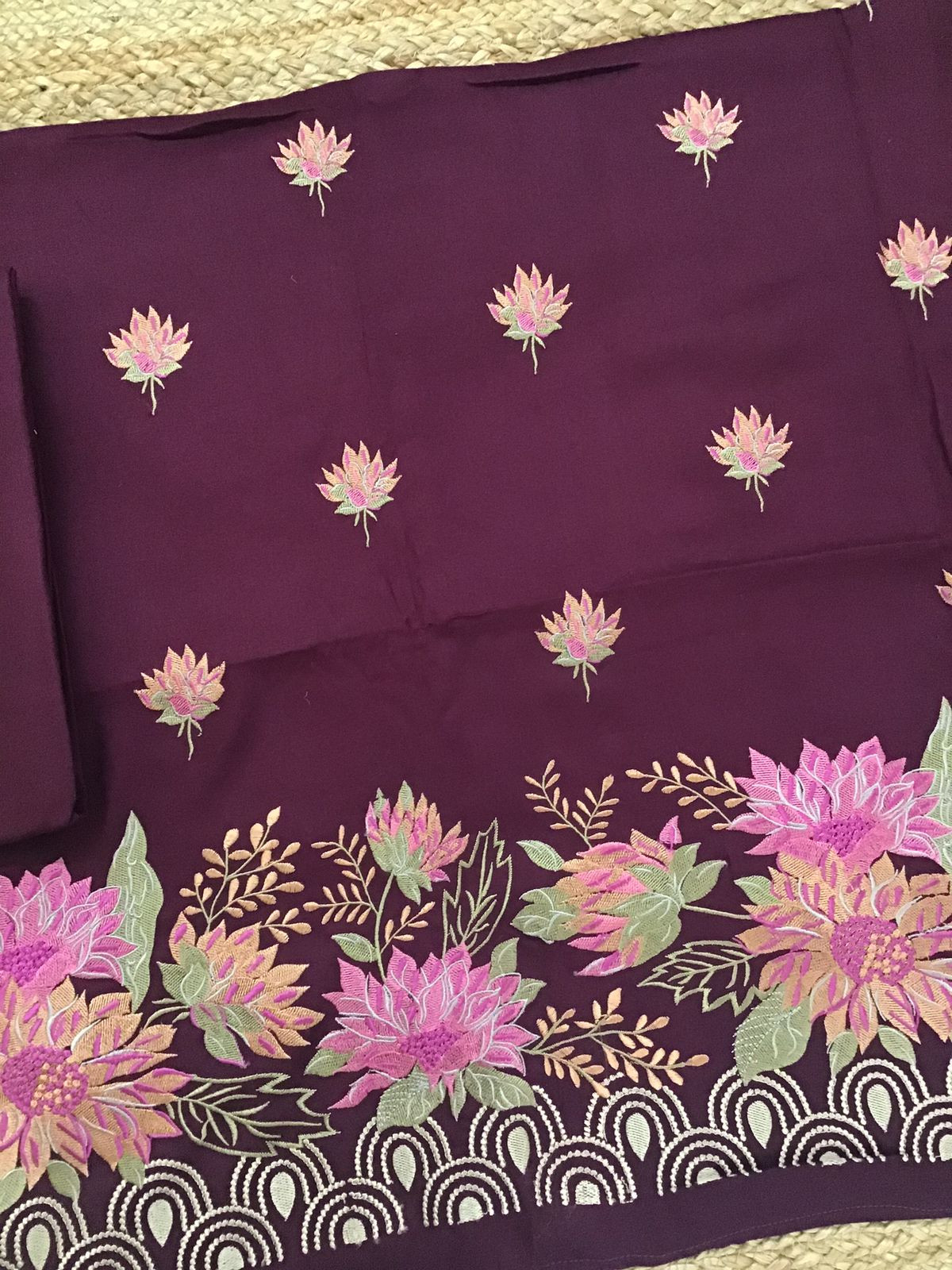 Soft Woollen Slub Silk Embroidered Suit - Wine