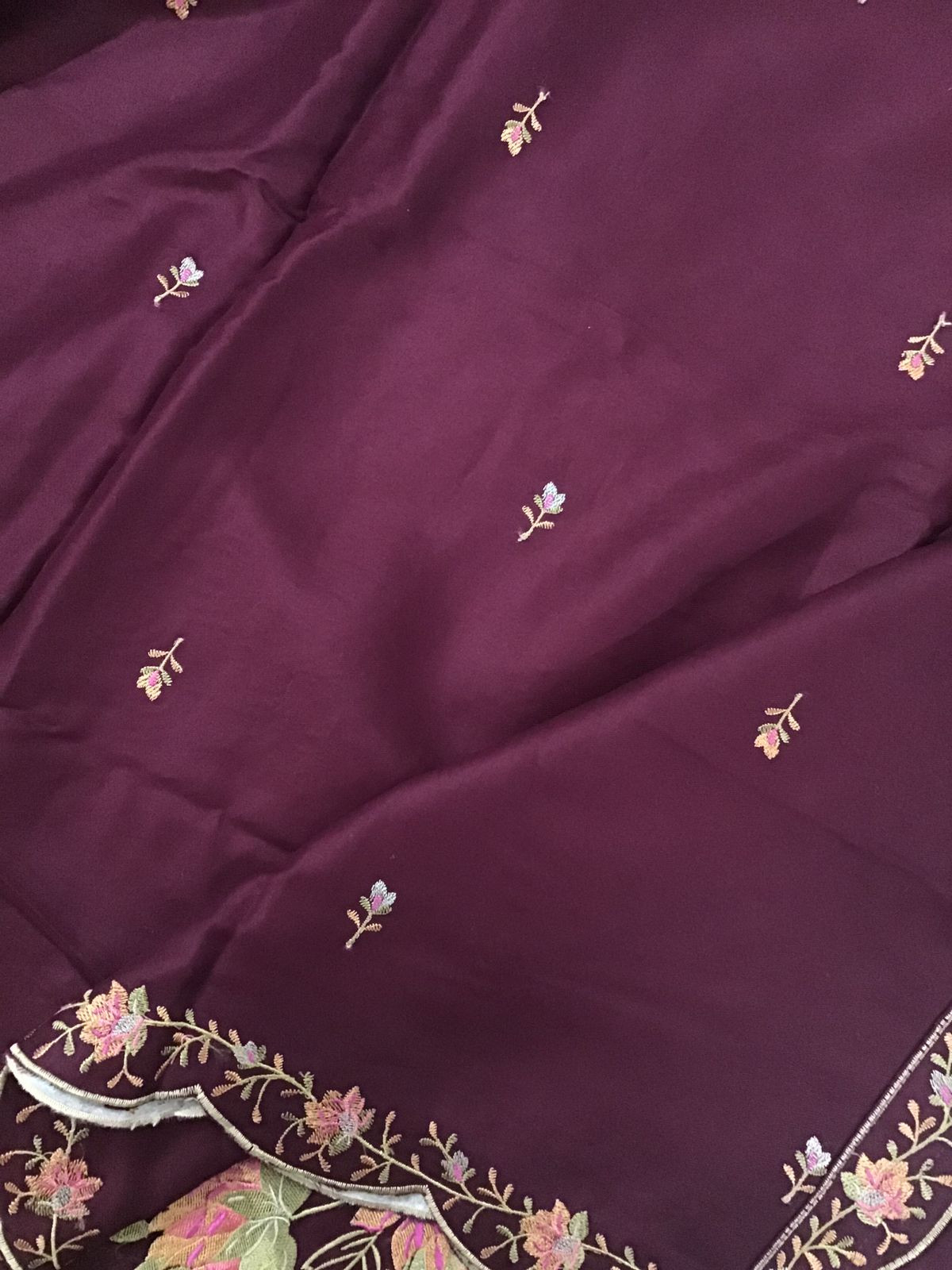 Soft Woollen Slub Silk Embroidered Suit - Wine