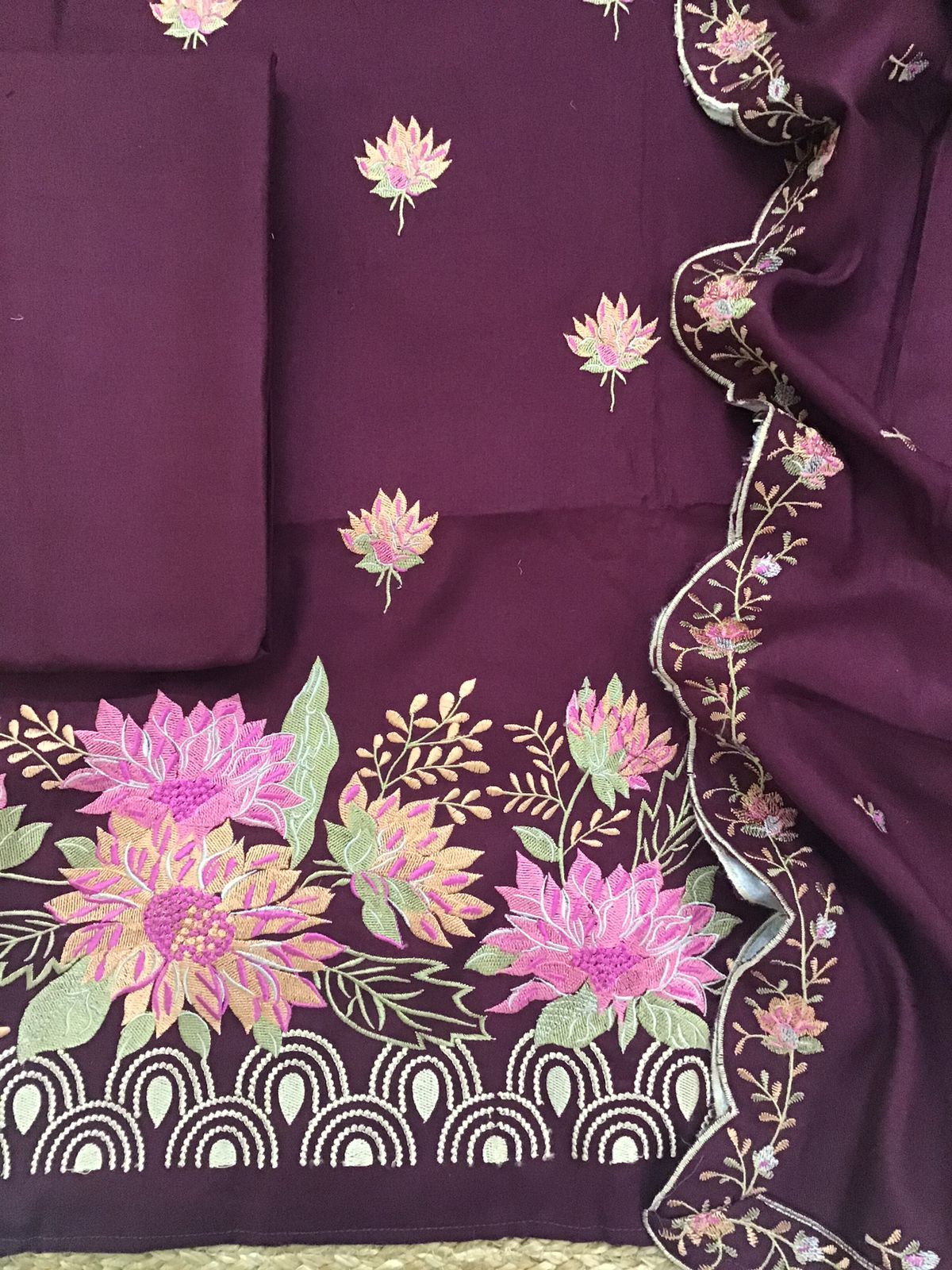 Soft Woollen Slub Silk Embroidered Suit - Wine