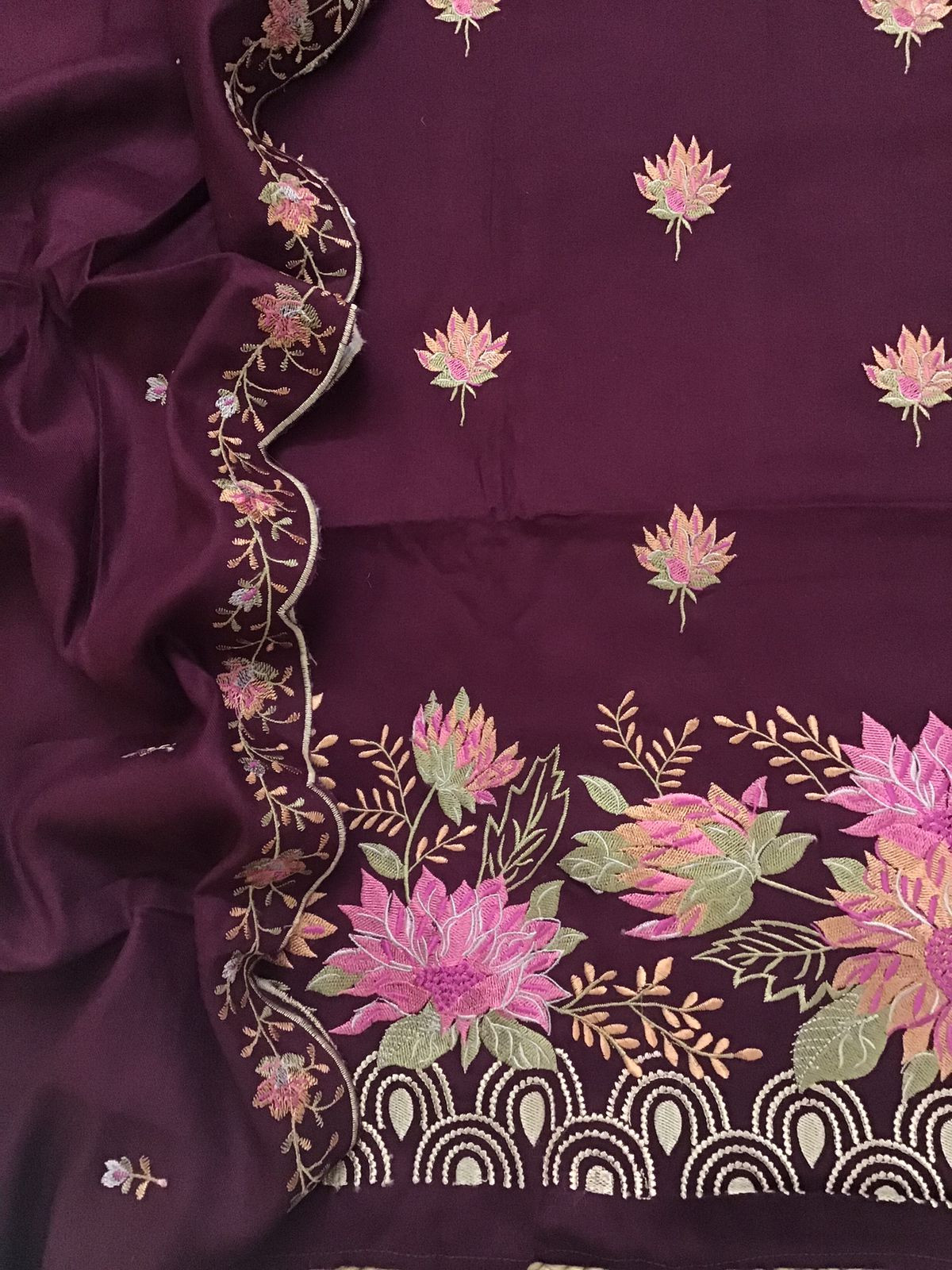Soft Woollen Slub Silk Embroidered Suit - Wine