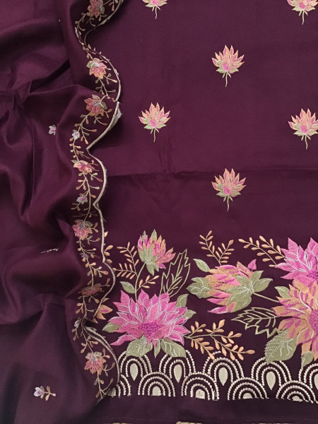 Image of Soft Woollen Slub Silk Embroidered Suit - Wine