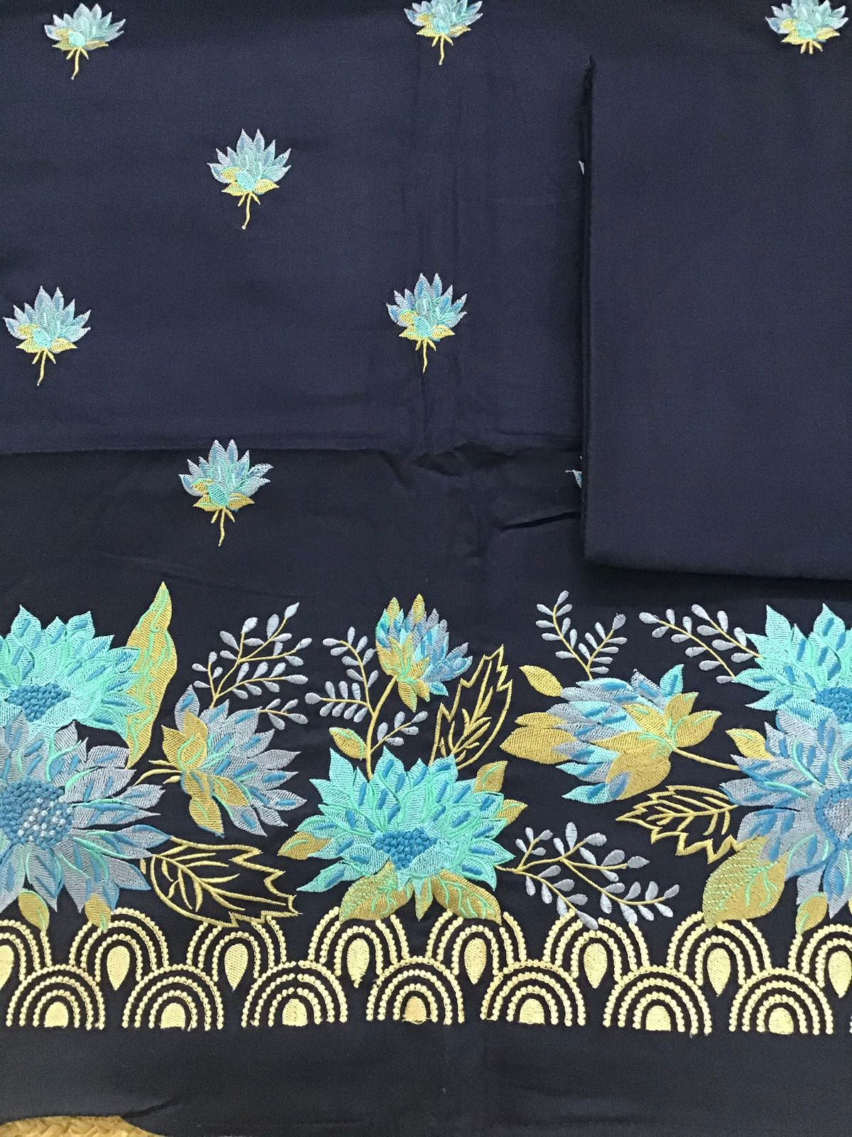 Soft Woollen Slub Silk Embroidered Suit - Blue