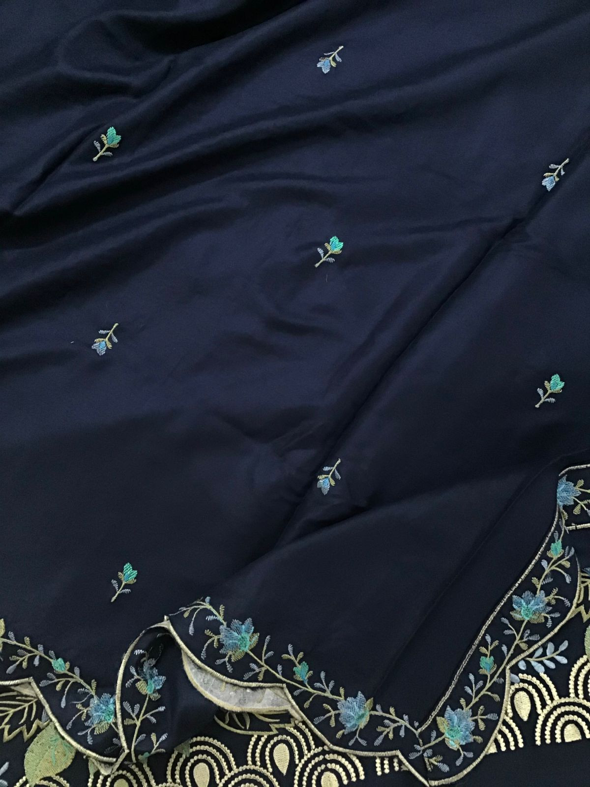 Soft Woollen Slub Silk Embroidered Suit - Blue