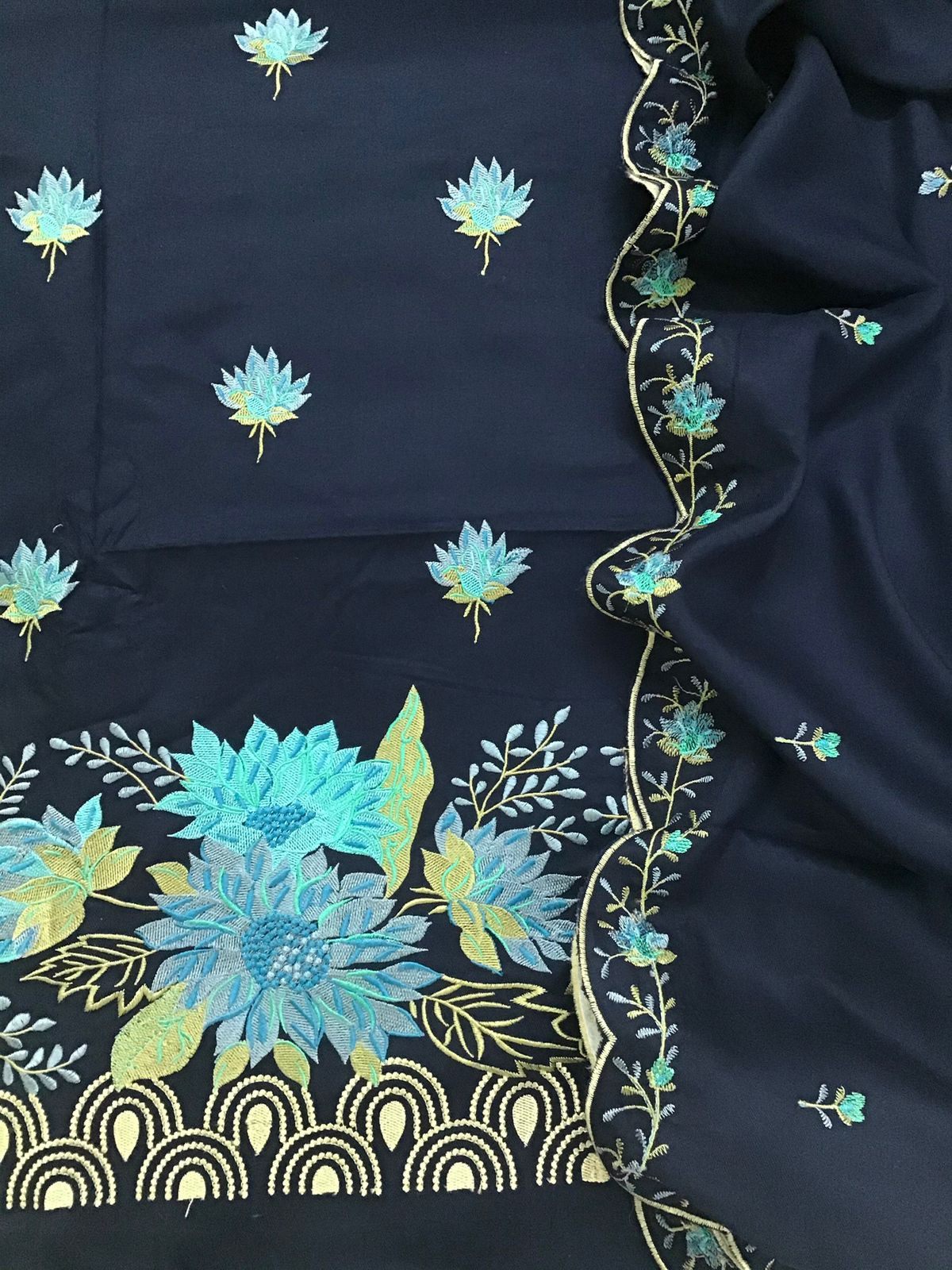Soft Woollen Slub Silk Embroidered Suit - Blue