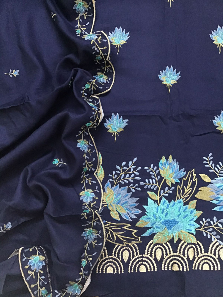 Image of Soft Woollen Slub Silk Embroidered Suit - Blue