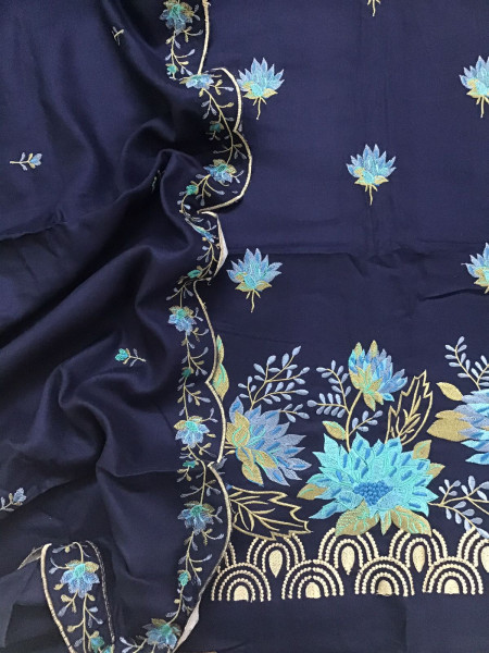 Image of Soft Woollen Slub Silk Embroidered Suit - Blue