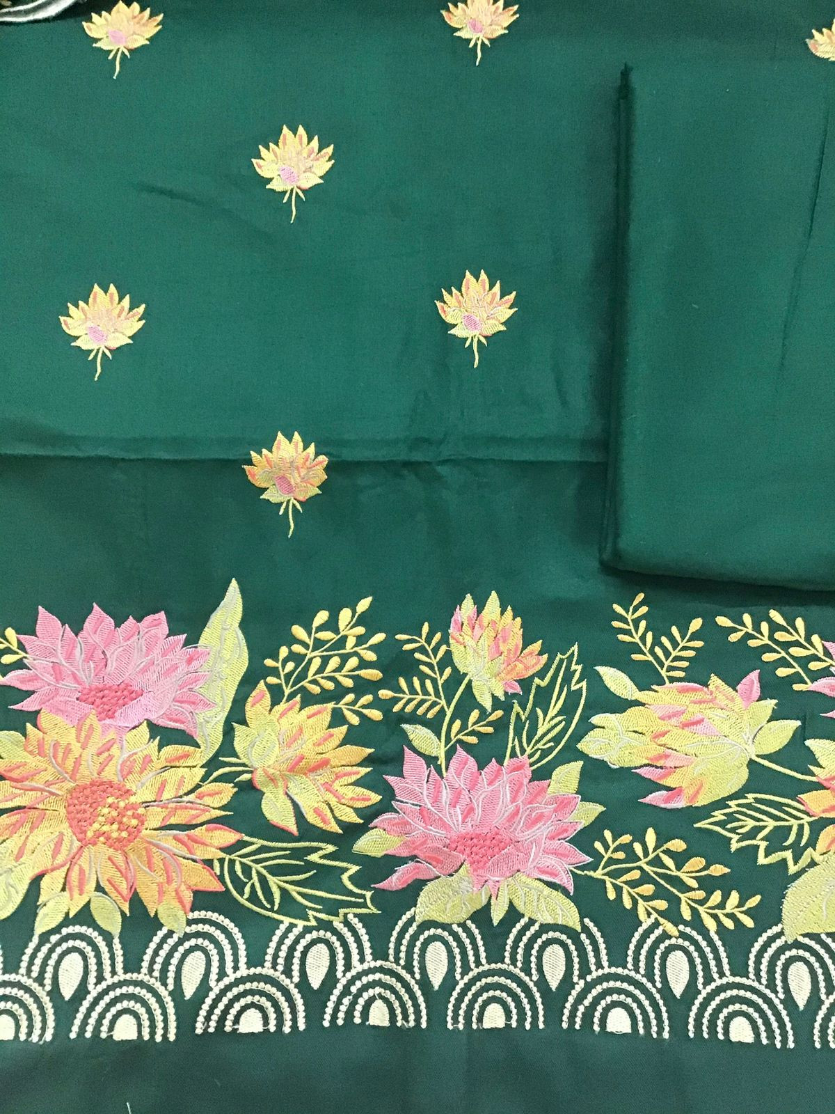 Soft Woollen Slub Silk Embroidered Suit - Green