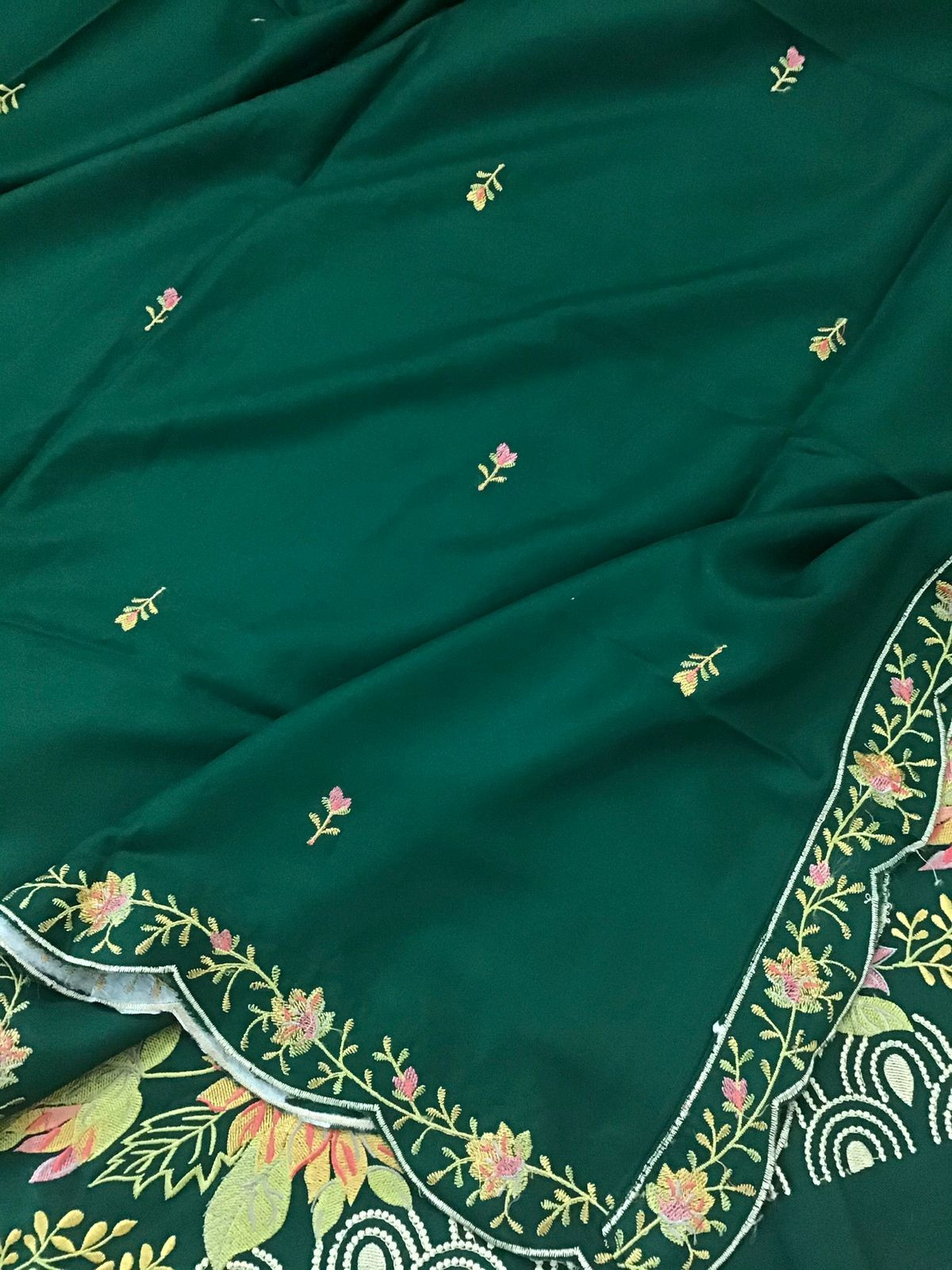 Soft Woollen Slub Silk Embroidered Suit - Green
