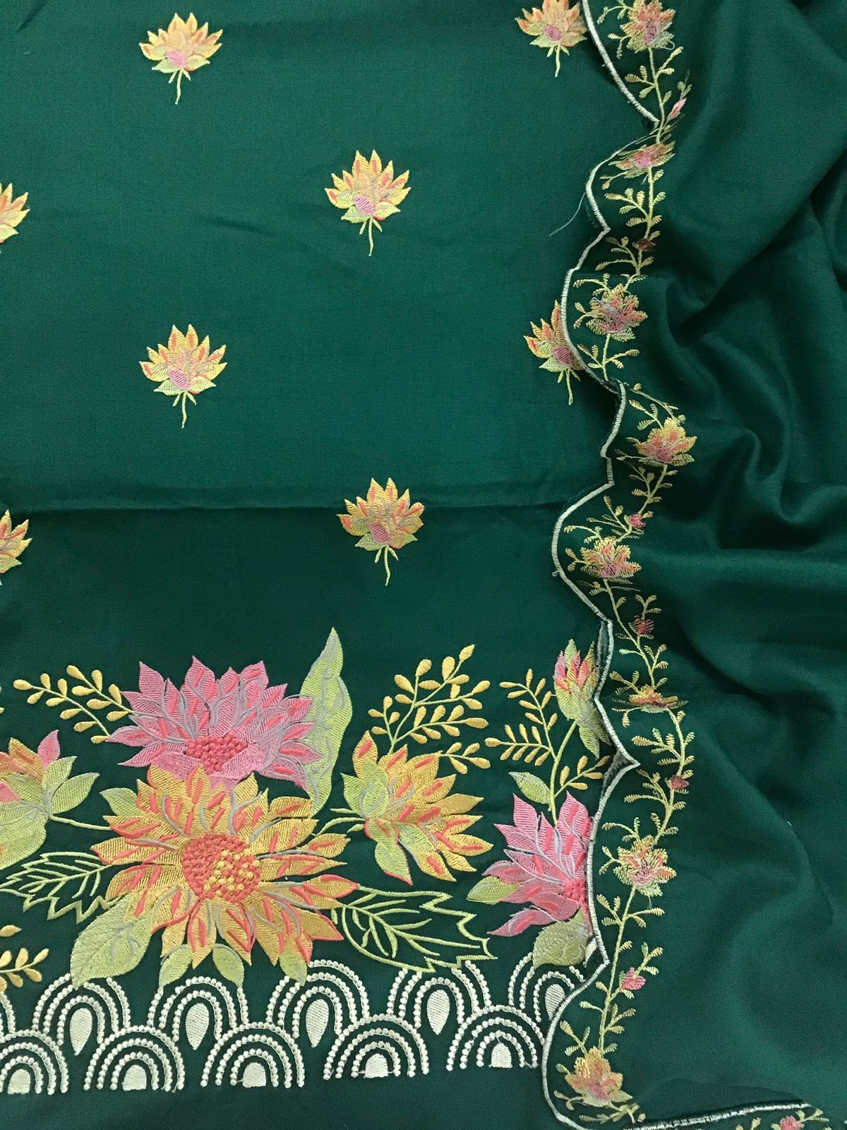Soft Woollen Slub Silk Embroidered Suit - Green