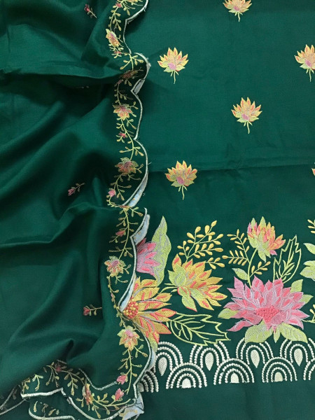 Image of Soft Woollen Slub Silk Embroidered Suit - Green