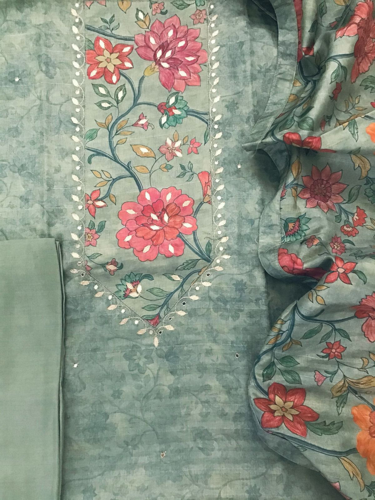 Soft Semi Tussar Silk Printed Embroidered Suit - Green