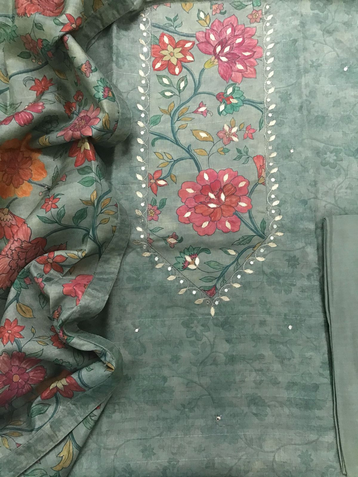Soft Semi Tussar Silk Printed Embroidered Suit - Green