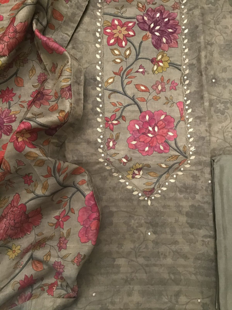 Image of Soft Semi Tussar Silk Printed Embroidered Suit - Beige
