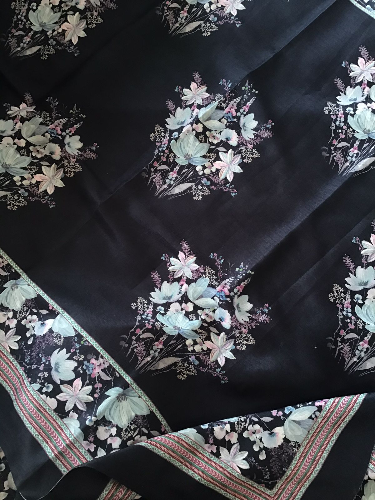 Soft Woollen Slub Silk Printed Suit - Black