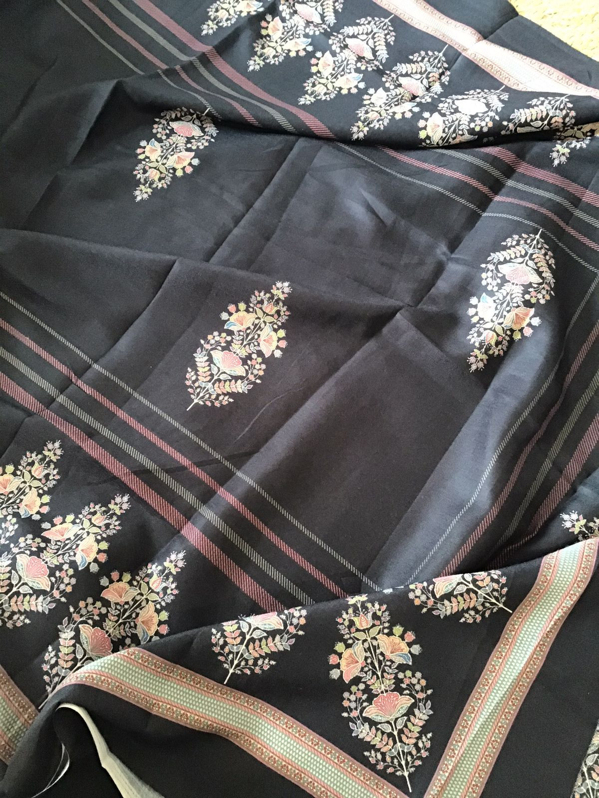 Soft Woollen Slub Silk Printed Suit - Black