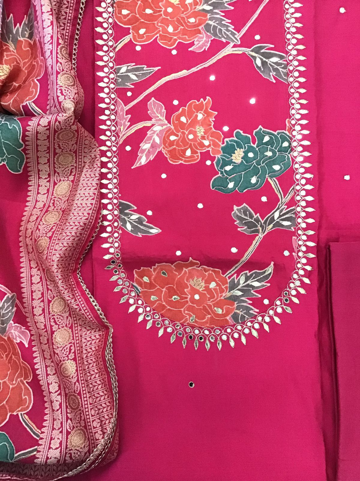 Pure Muslin Printed Embroidered Suit - Pink