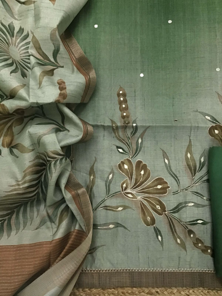 Image of Soft Semi Tussar Silk Printed Embroidered Suit - Green