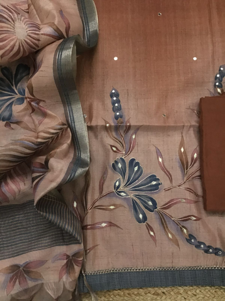 Image of Soft Semi Tussar Silk Printed Embroidered Suit - Brown