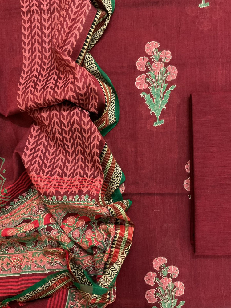 Image of Pure Handloom Cotton Silk Block Printed Mangalgiri Border Suit - Maroon