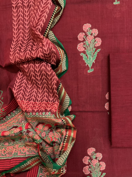 Image of Pure Handloom Cotton Silk Block Printed Mangalgiri Border Suit - Maroon