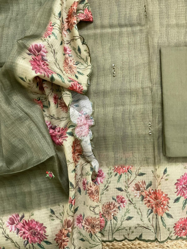 Image of Soft Kota Silk Printed Embroidered Suit - Green