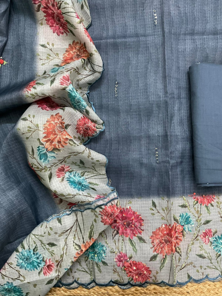 Image of Soft Kota Silk Printed Embroidered Suit - Bluish Grey
