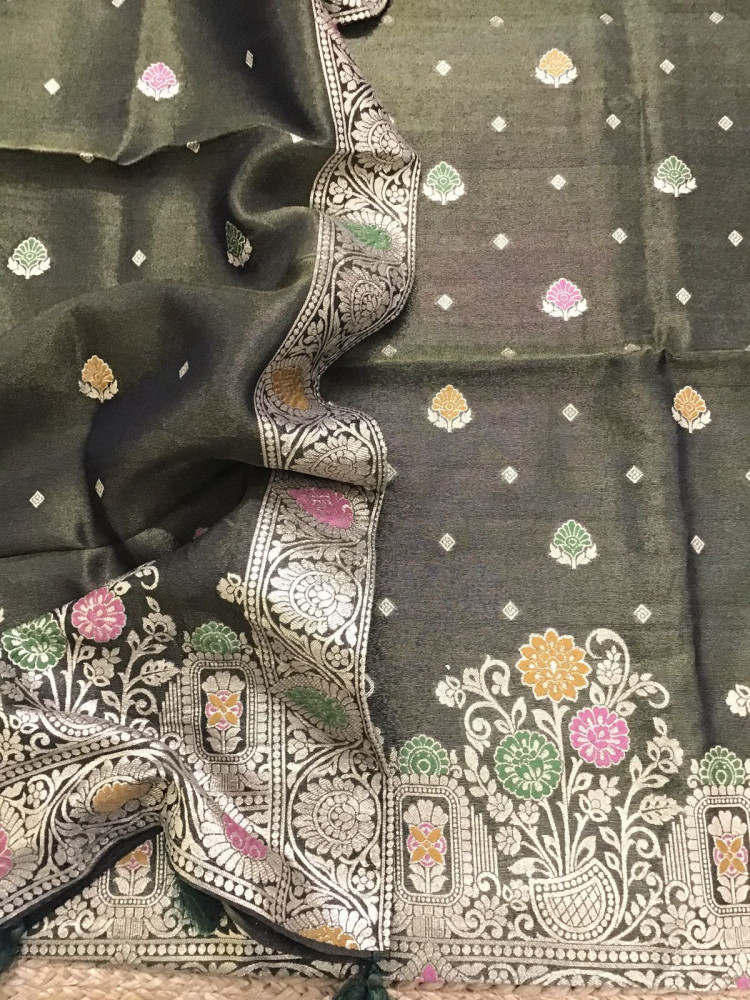 Image of Soft Fine Tissue Chanderi Banarasi Weaved Suit - Olive