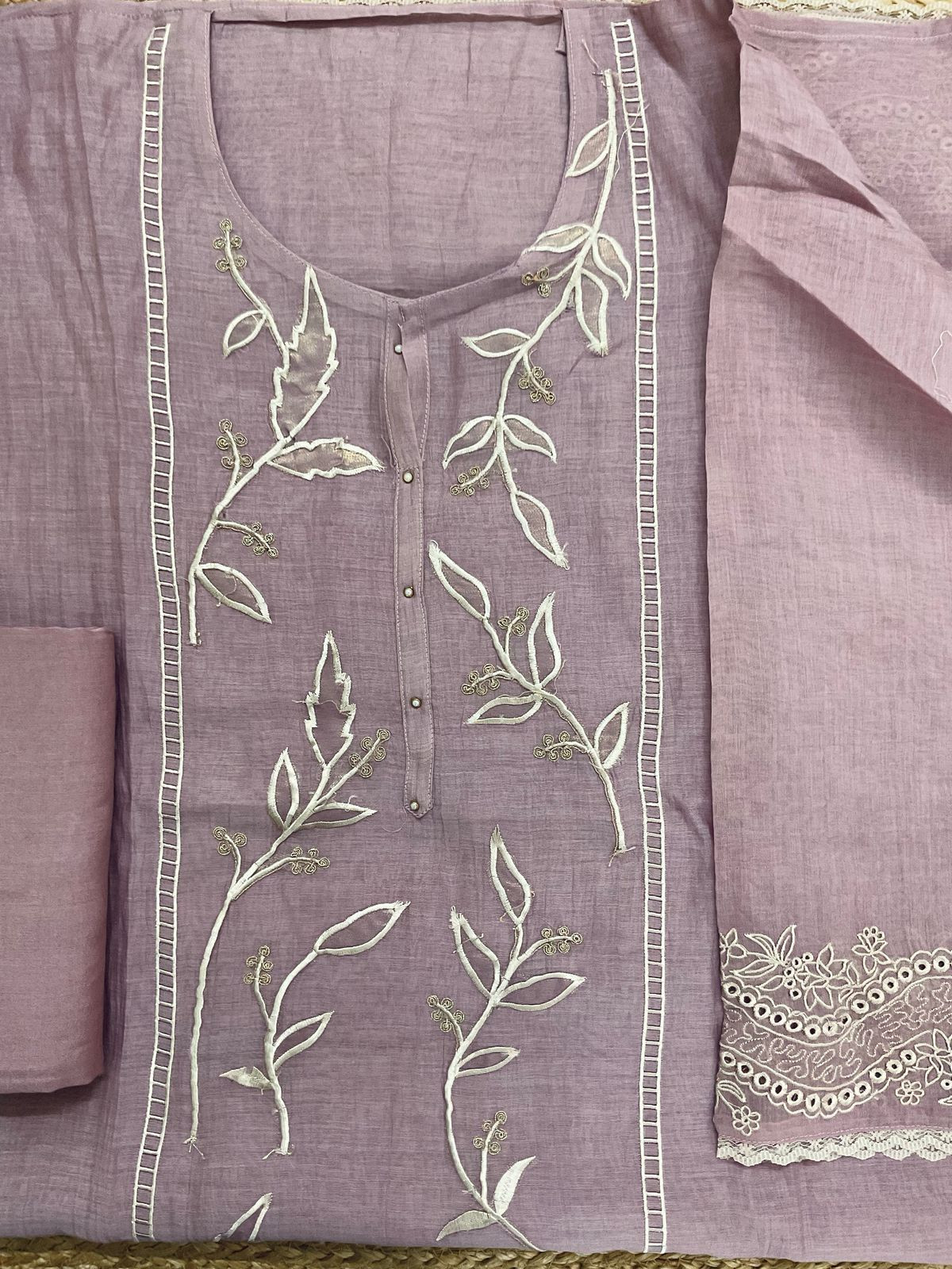 Pure Mul Chanderi Embroidered Suit - Lilac