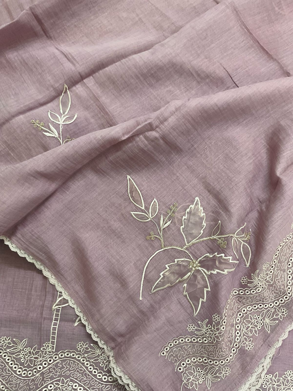 Pure Mul Chanderi Embroidered Suit - Lilac