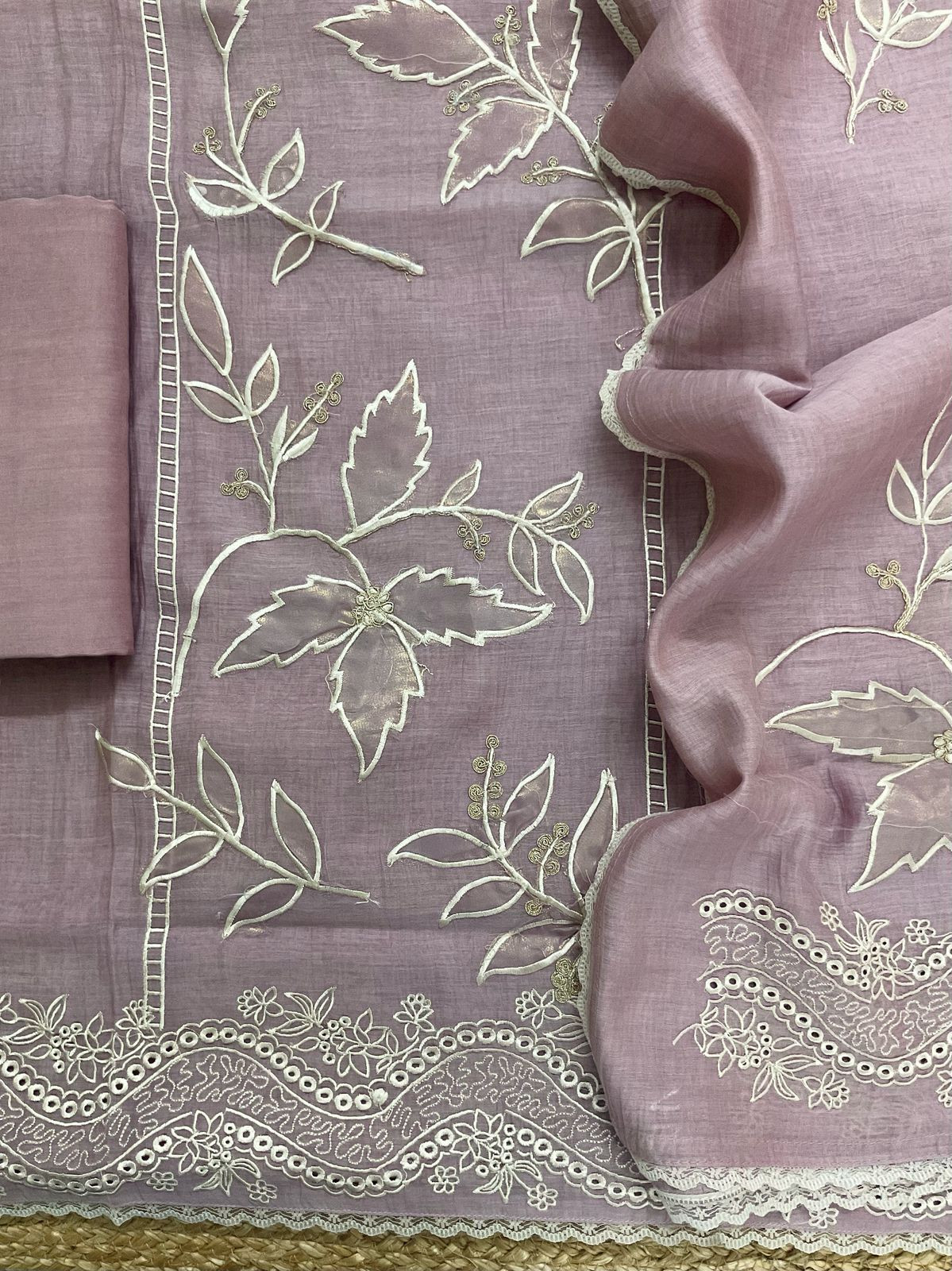 Pure Mul Chanderi Embroidered Suit - Lilac