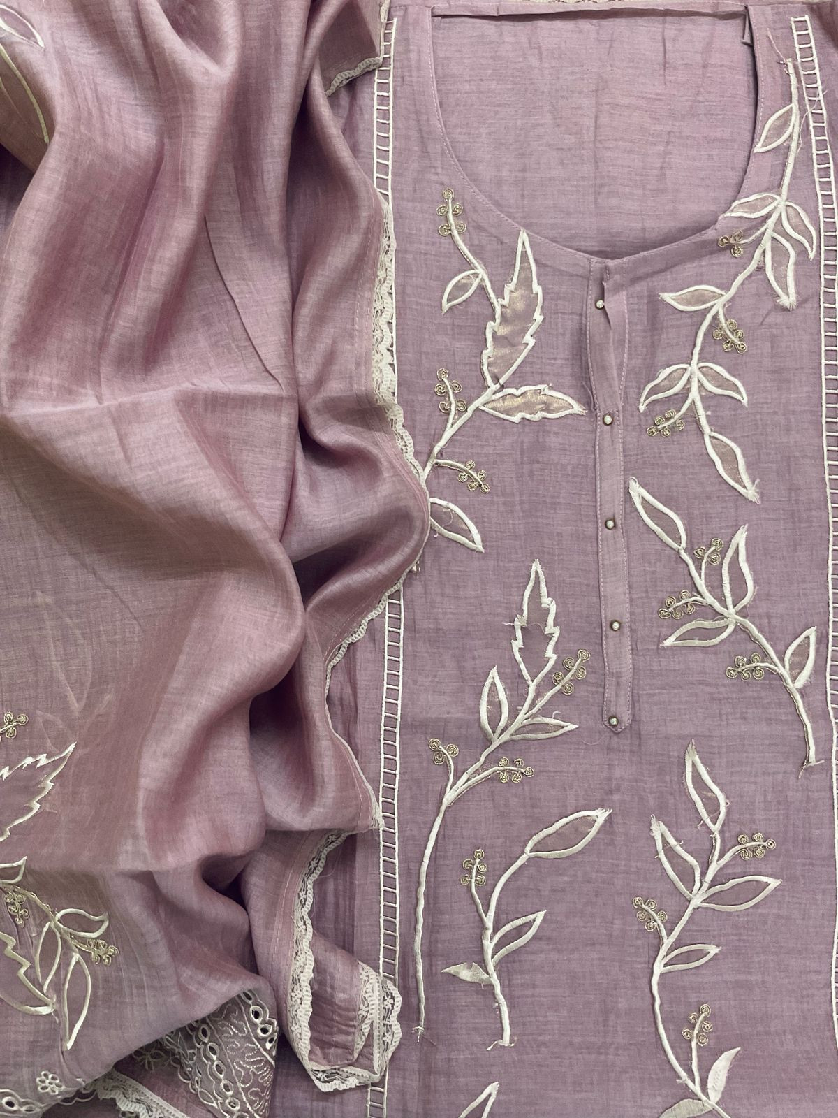Pure Mul Chanderi Embroidered Suit - Lilac
