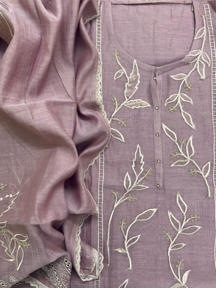 Image of Pure Mul Chanderi Embroidered Suit - Lilac