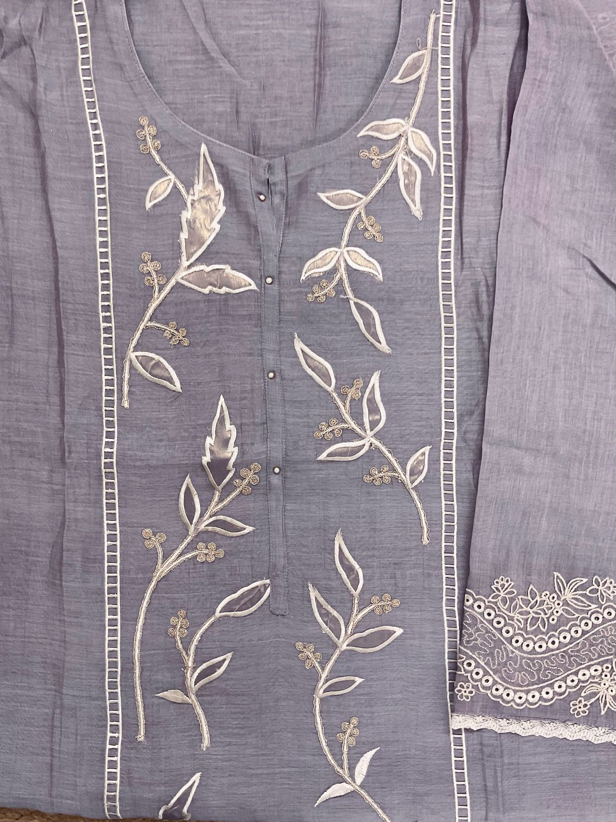Pure Mul Chanderi Embroidered Suit - Lavender