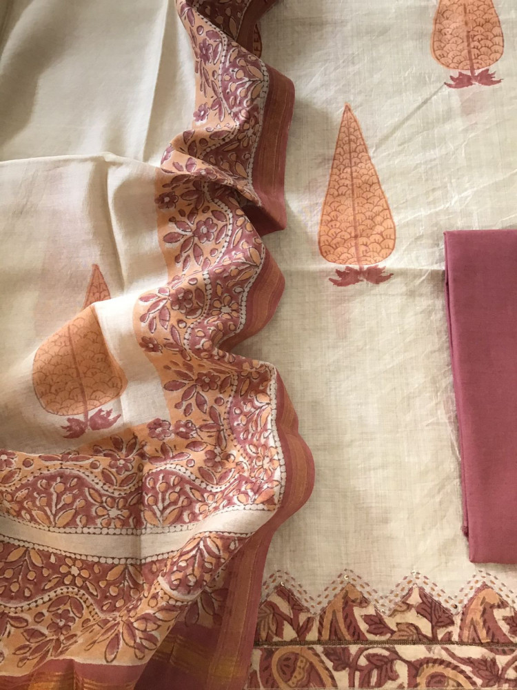 Image of Soft Slub Chanderi Printed Embroidered Border Suit - Beige